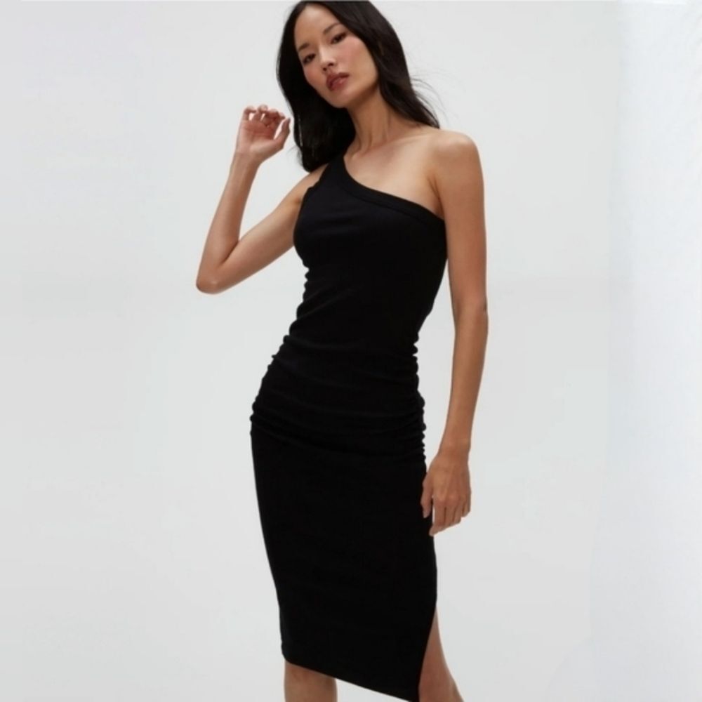 NWT Michael Stars Coco One-Shoulder Ultra Rib Midi Dress Black 2X Bodycon Ruched
